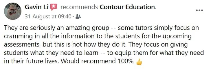 Gavin Li’s Positive Review on Contour Education’s VCE Physics Tutoring Gavin Li's review on Contour Education saying that VCE Physics tutors at Contour Education is different compared to other tutors as they teach students exactly what they need to know.