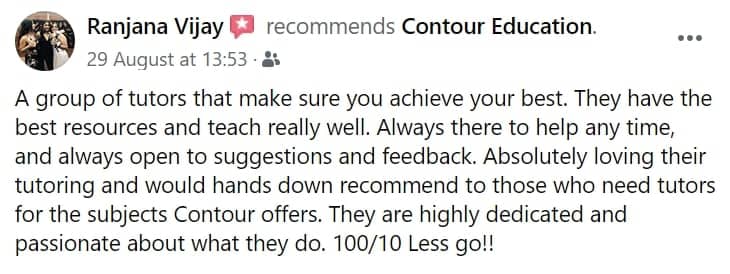 Ranjana's review saying that Contour Education's VCE Maths Methods tutoring has been very helpful